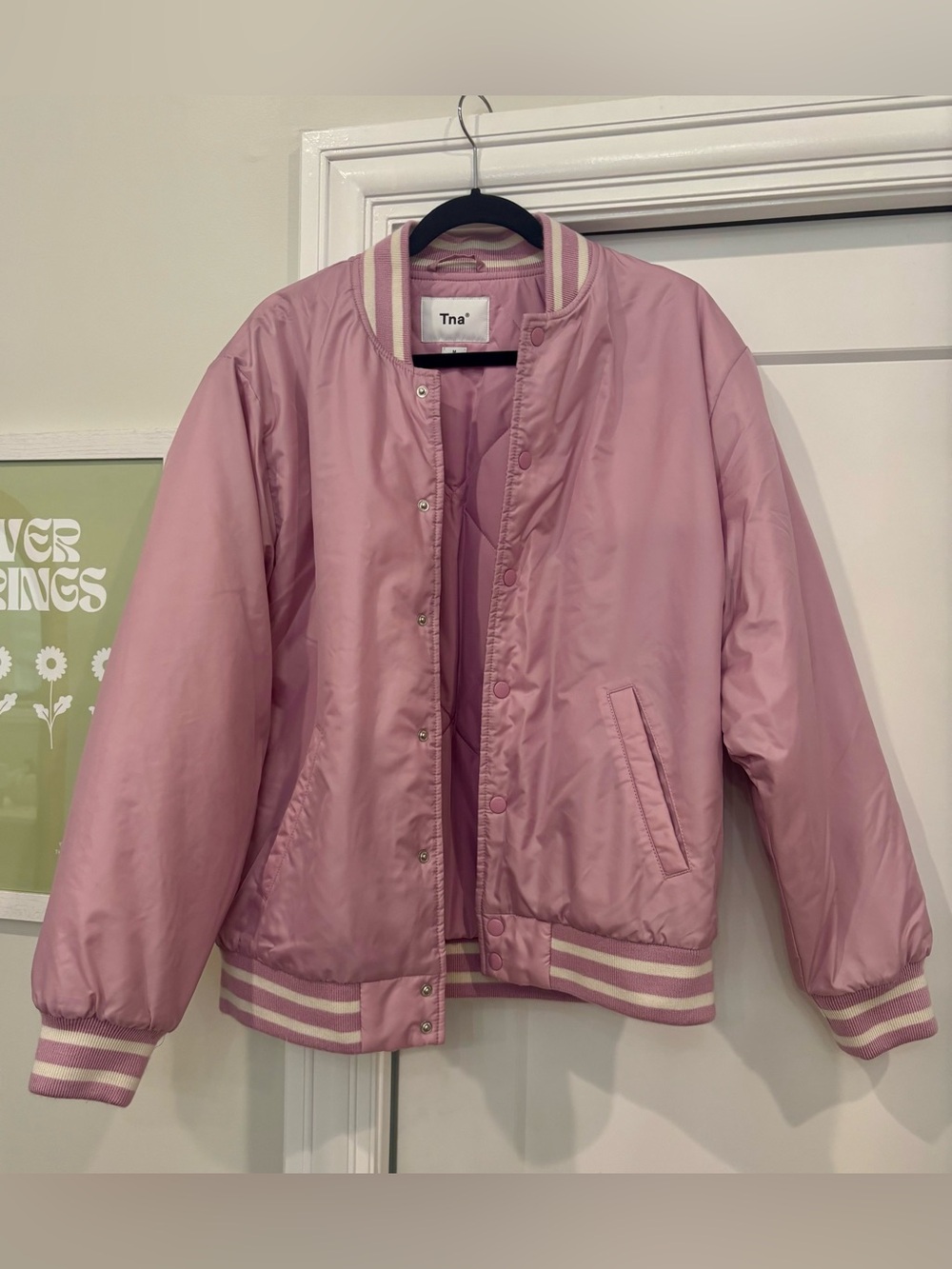 TNA Pink Satin-Style Women's Bomber Jacket with Cream Stripe Trim